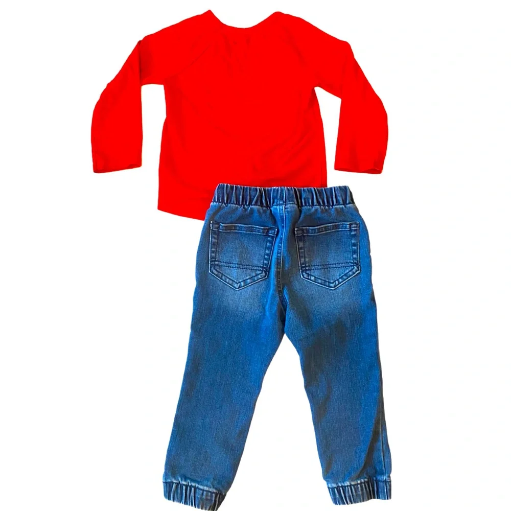 Set of Blue Denim Jogger Pants & Red Long Sleeve Tee Size 2T